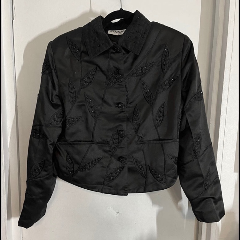 Vintage Anage Beaded Leaves & Buttons Black Jacket w/ Pockets : Size Medium
